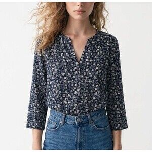 H&M Women's Small Black Beige Floral Print Henley Peasant Tunic Top 3/4 Sleeves